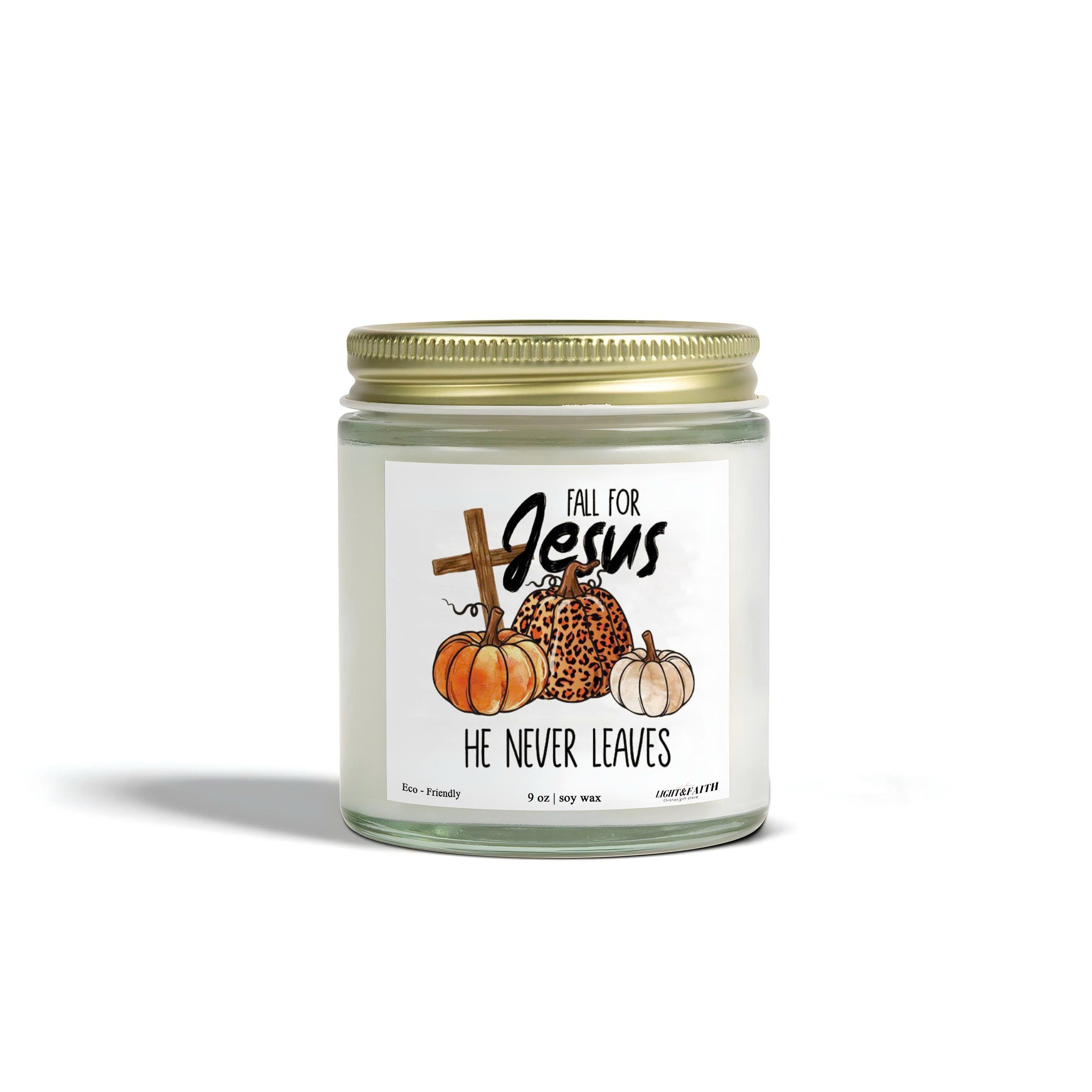 Fall for Jesus Candle, Inspirational Christian Candle, He Never Leaves, Autumn Pumpkin Design, Uplifting Gift for Fall CDLAF32